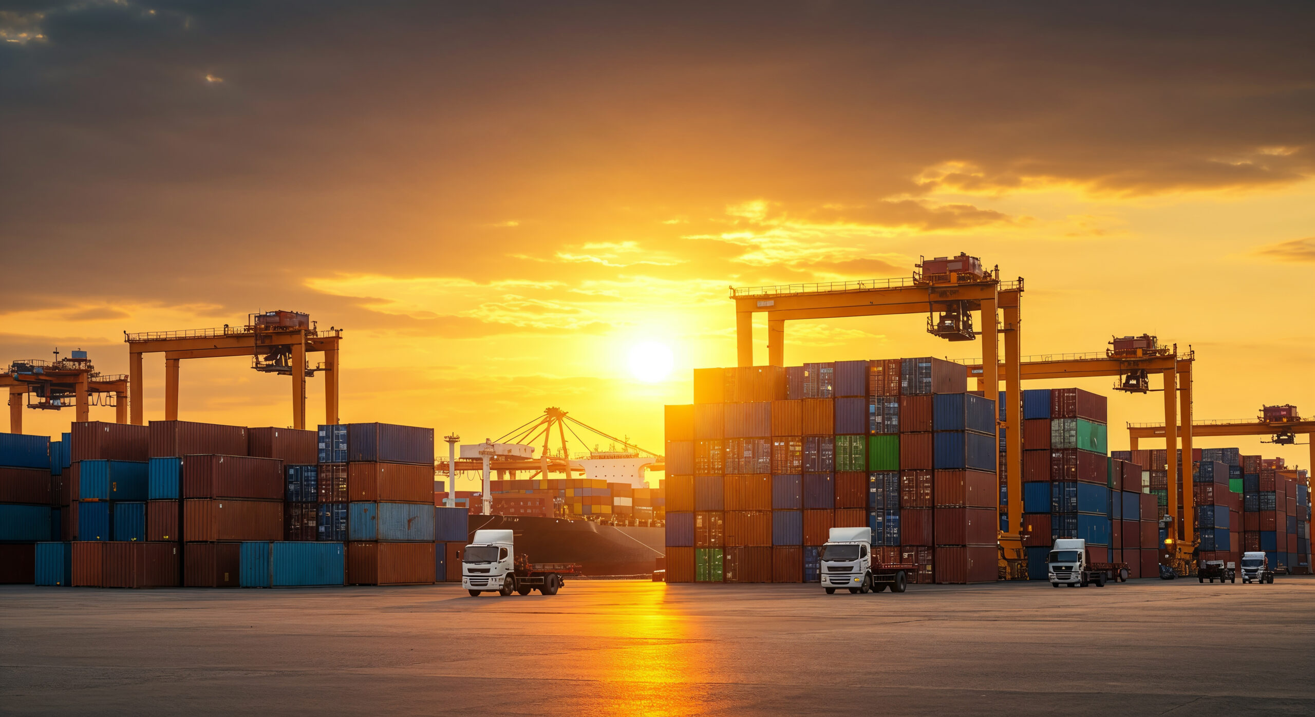 shipping-containers-trucks-cargo-port-sunset